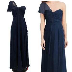 NEW Jenny Packham Womens 0 One‎ Sleeve Bridesmaid Dress Ruched Chiffon Midnight